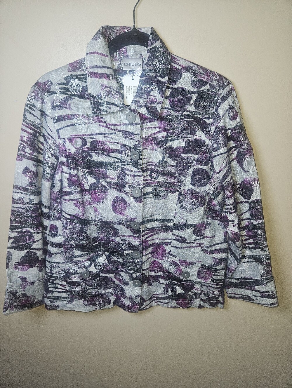 Chico's 100% Linen Foil Fun Laureena Jacket Magnolia Pink Silver Gray Medium